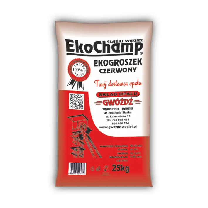 Widok na stos czerwonego ekogroszku marki EkoChamp.